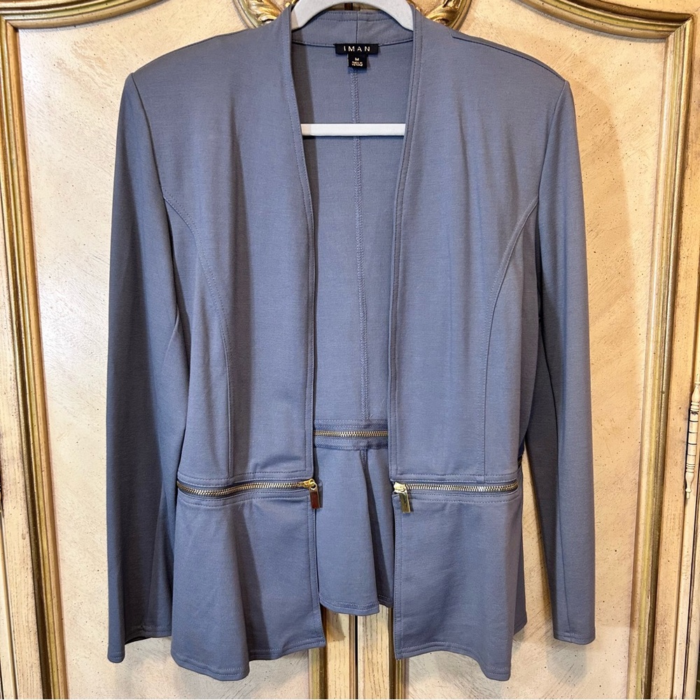 IMAN Women's Gray Global Chic Open Front Gold Zip 2 Way Convertible Jacket